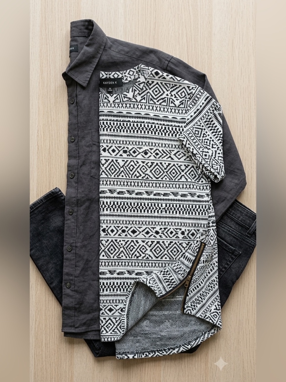 Kayden K Mens Aztec Geometric Longline Knit T Shirt Black White Side Zip Medium